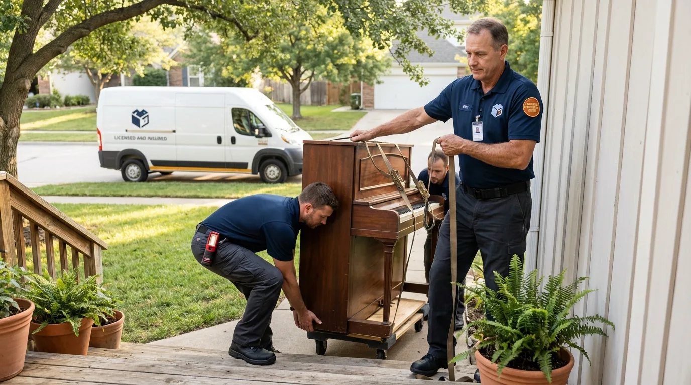 Licensed piano movers securing grand piano in Chesterfield, SC
