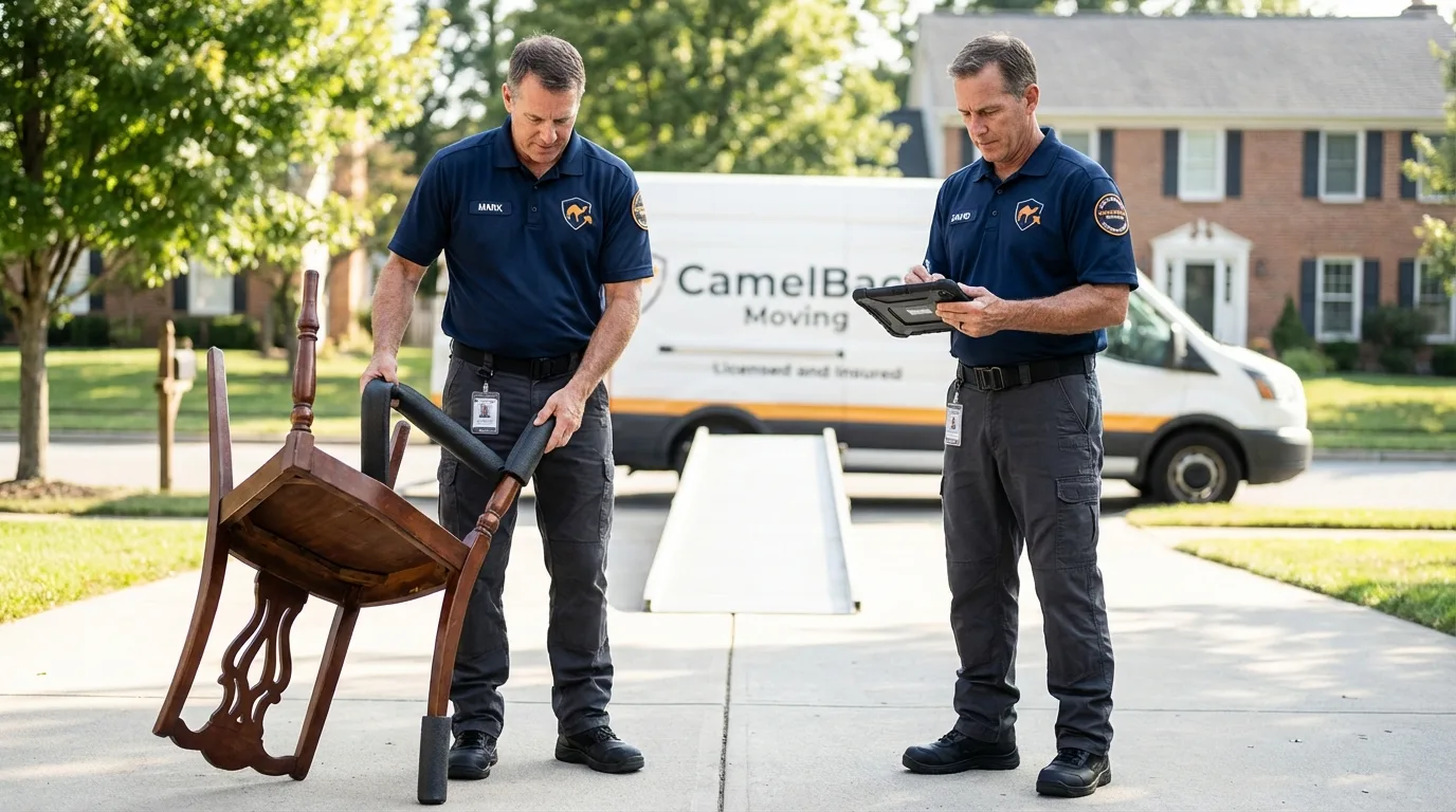 Movers inspecting furniture for damage prevention before loading in Chesterfield, SC