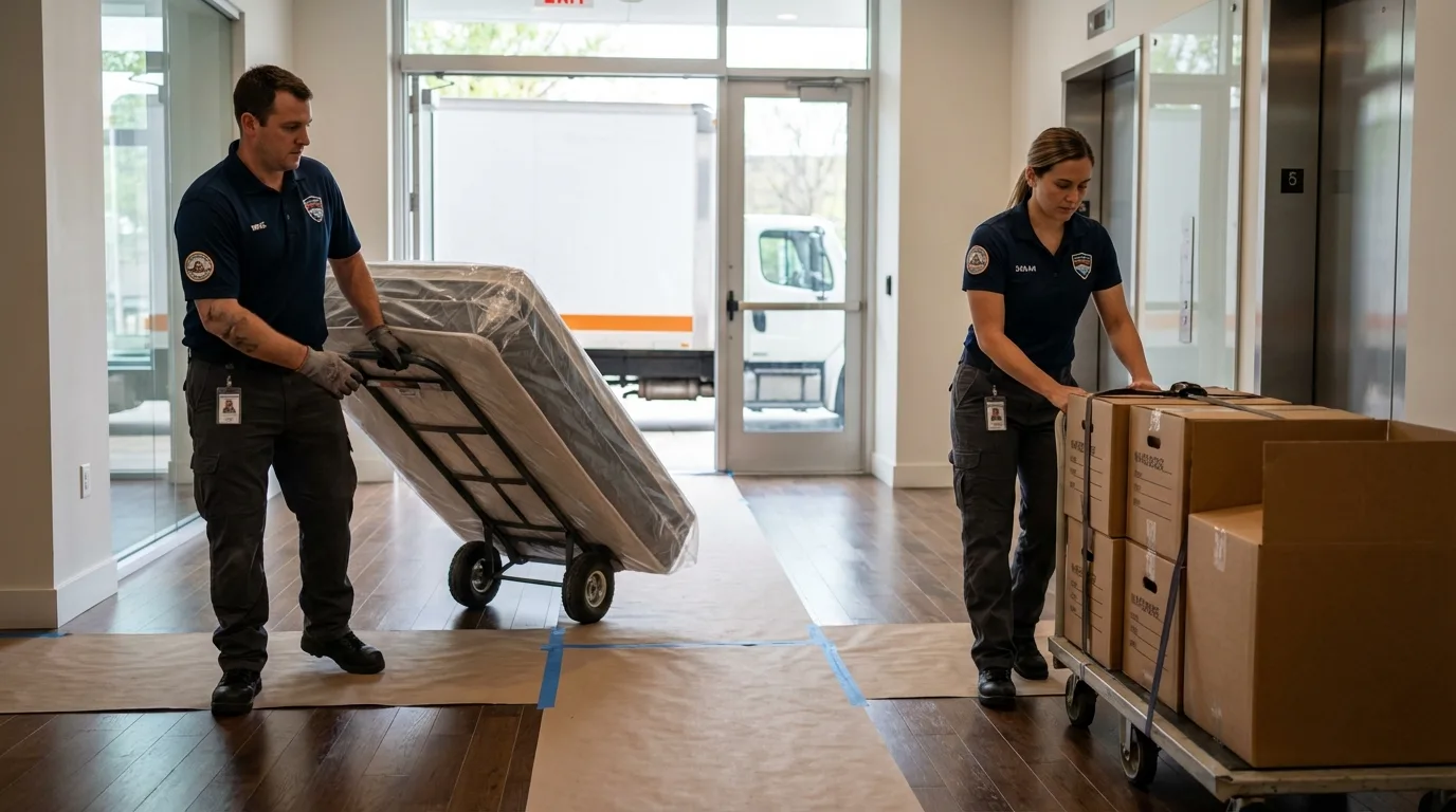 Professional apartment movers loading elevator in Chesterfield, SC