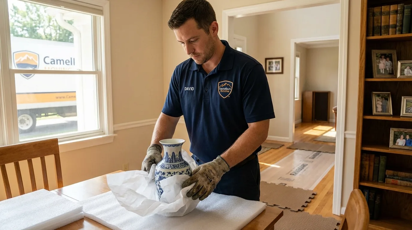 Professional crew carefully wrapping antique vase for senior downsizing move in Chesterfield, SC